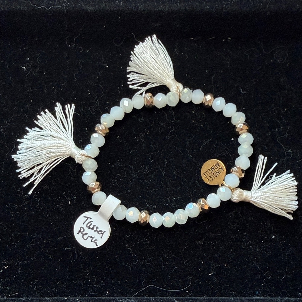 Kinsley Armelle Cream Beaded Tassel Bracelet with Gold Accents